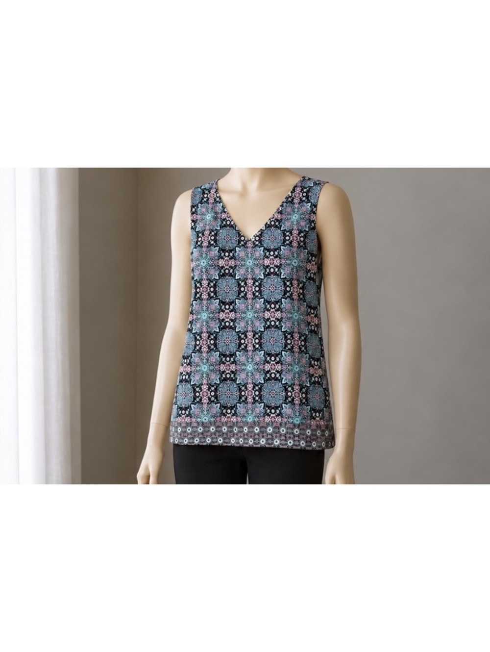 J.Jill Women’s XL Sleeveless Medallion Print Top Black Blue Pink V-Neck